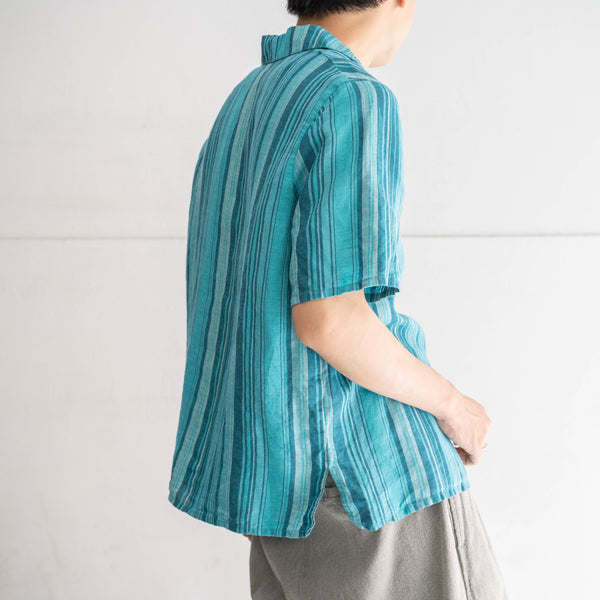 2000s turquoise multi stripe linen 100 shirt