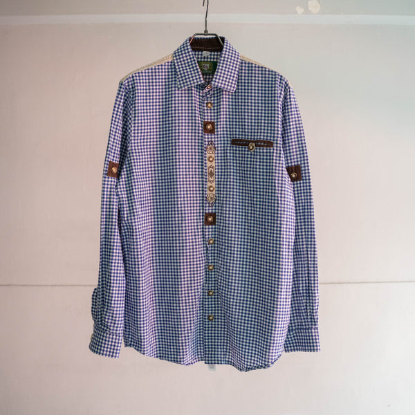 1990-00s Europe blue checked tyrolean shirt -good accent-