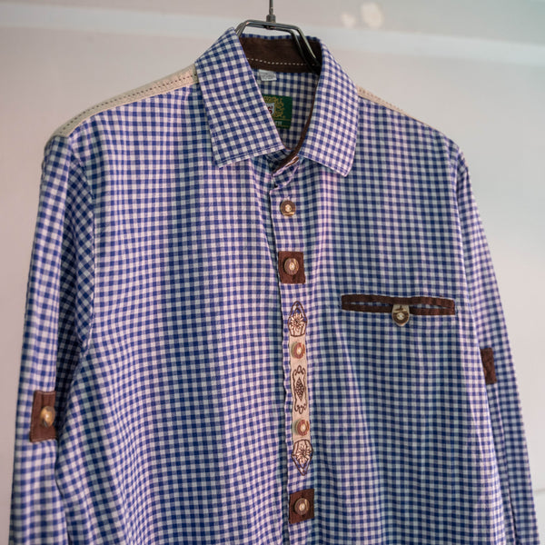 1990-00s Europe blue checked tyrolean shirt -good accent-
