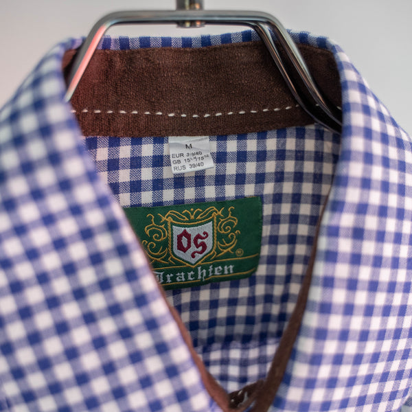 1990-00s Europe blue checked tyrolean shirt -good accent-
