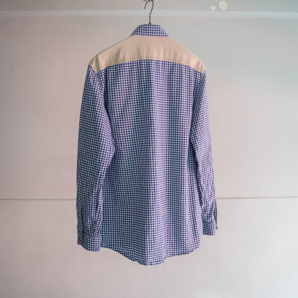 1990-00s Europe blue checked tyrolean shirt -good accent-
