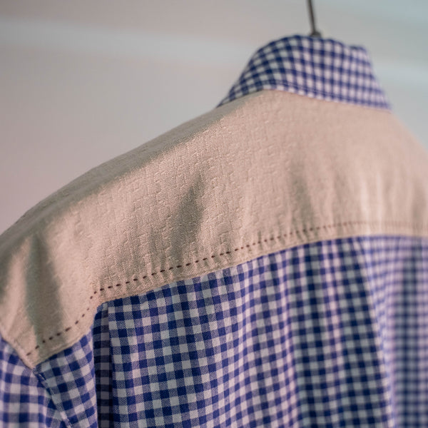 1990-00s Europe blue checked tyrolean shirt -good accent-