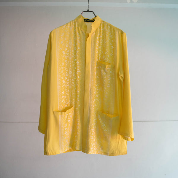 1990s yellow poly design stand collar shirt