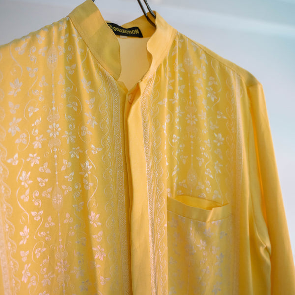 1990s yellow poly design stand collar shirt