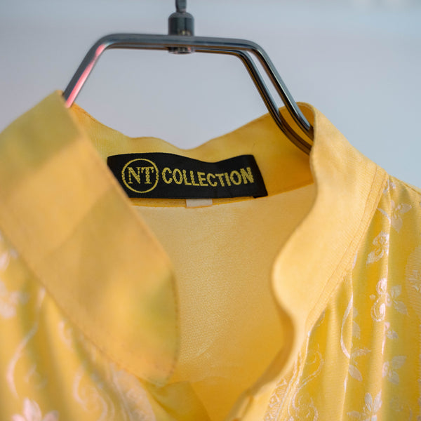 1990s yellow poly design stand collar shirt