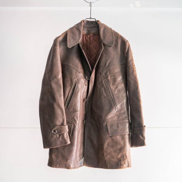 around 1970s France brown color leather coat -with belt- 'good damage'