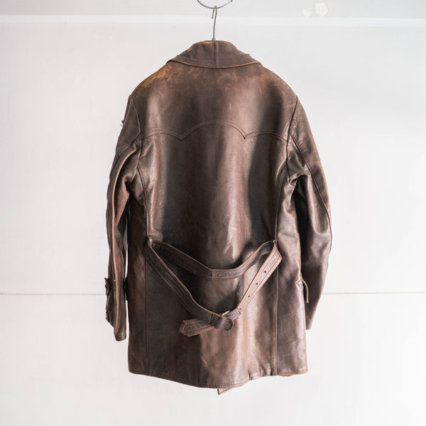 around 1970s France brown color leather coat -with belt- 'good damage'