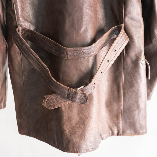 around 1970s France brown color leather coat -with belt- 'good damage'