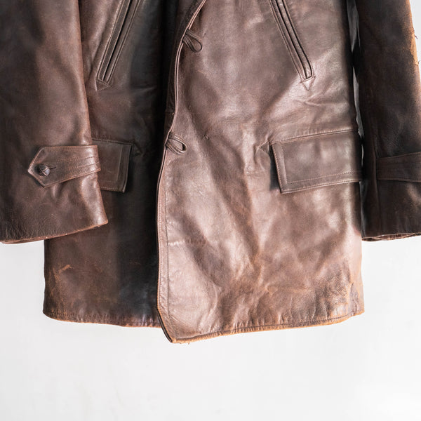 around 1970s France brown color leather coat -with belt- 'good damage'