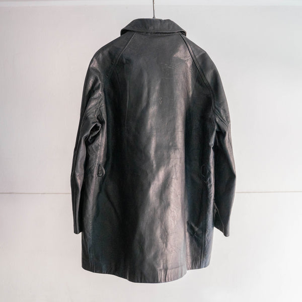 1980s Italian police black color double breasted leather car coat