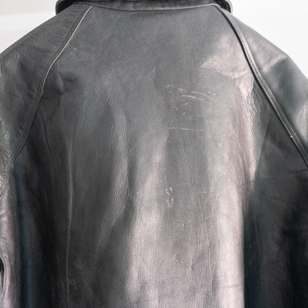 1980s Italian police black color double breasted leather car coat