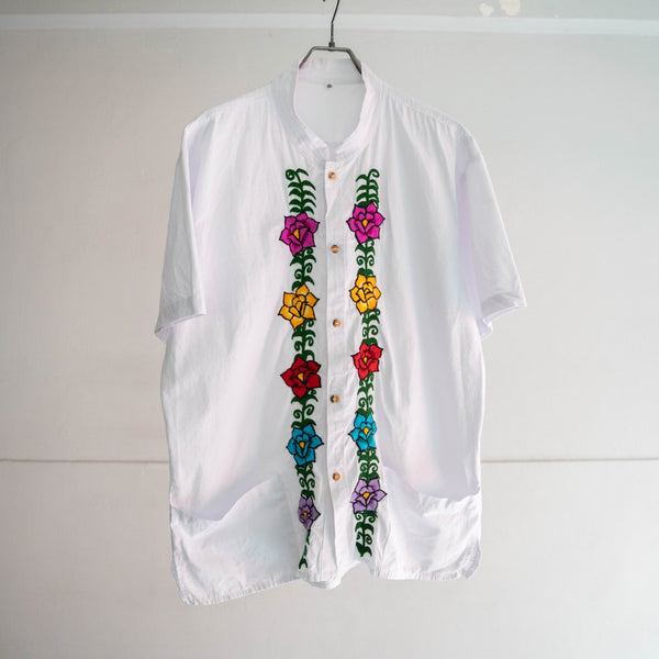 1990-00s white cotton flower embroidery short sleeve shirt