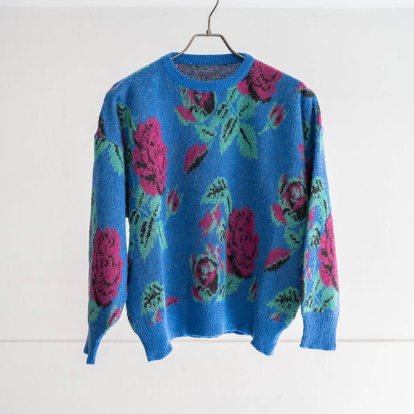 1990s Italy blue based rose pattern kid mohair blend knit