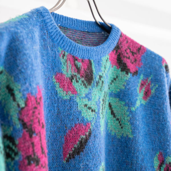 1990s Italy blue based rose pattern kid mohair blend knit