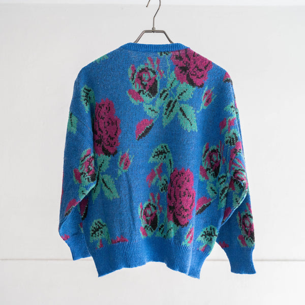 1990s Italy blue based rose pattern kid mohair blend knit