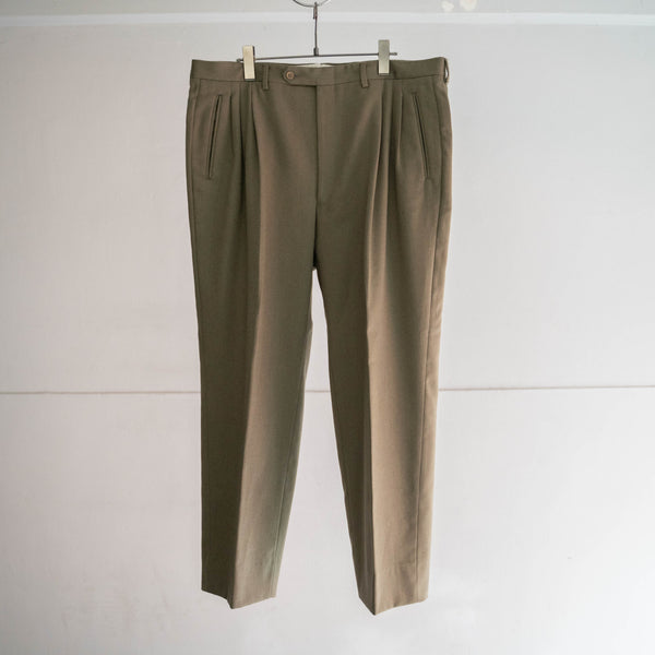 1990s Italy olive wool 100 3 tuck wide slacks