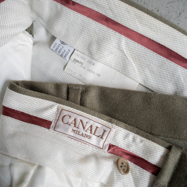 1990s Italy olive wool 100 3 tuck wide slacks