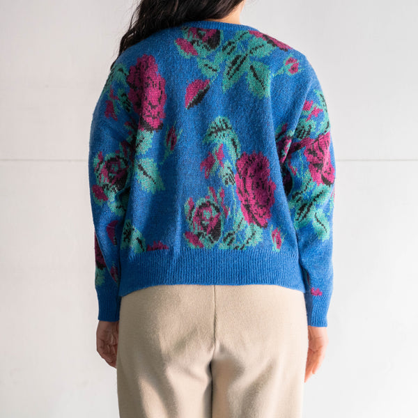 1990s Italy blue based rose pattern kid mohair blend knit