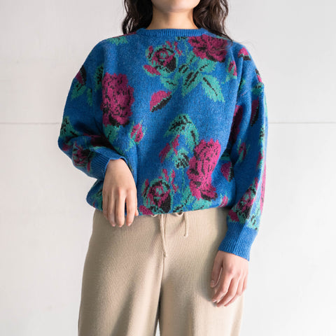 1990s Italy blue based rose pattern kid mohair blend knit