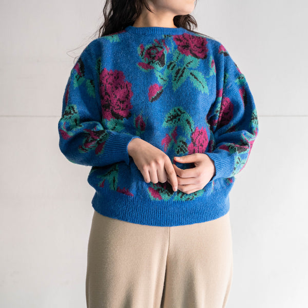 1990s Italy blue based rose pattern kid mohair blend knit