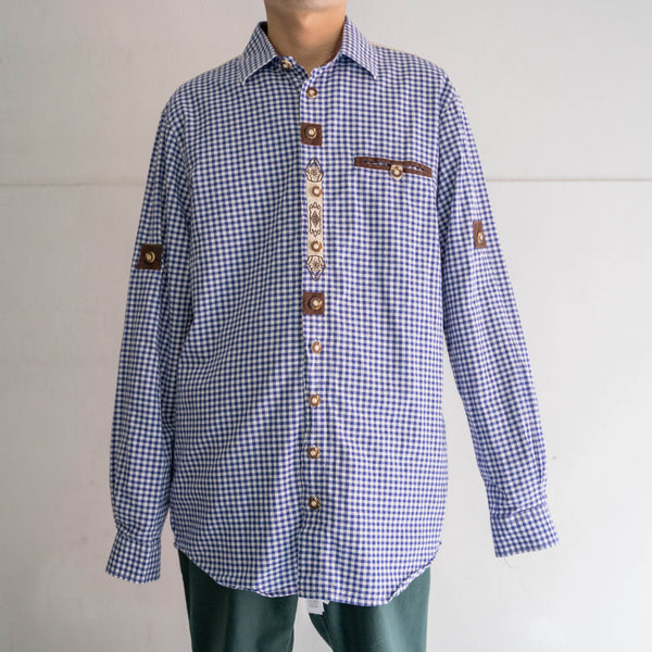 1990-00s Europe blue checked tyrolean shirt -good accent-