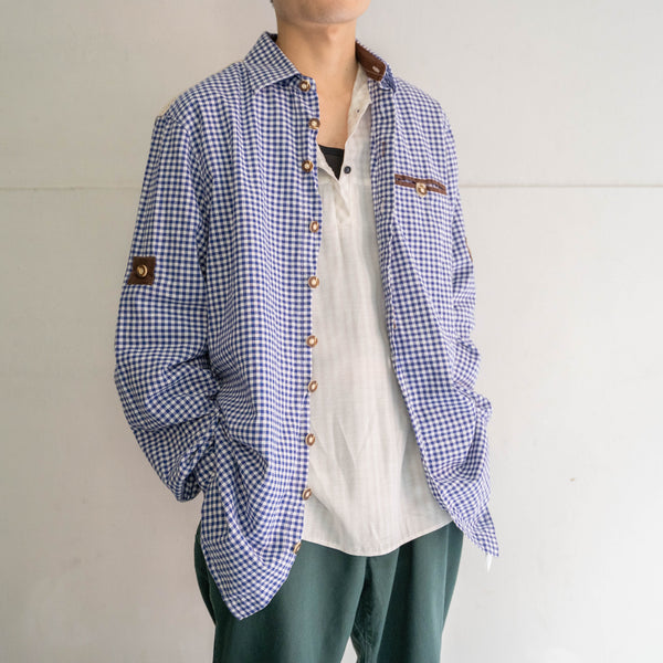 1990-00s Europe blue checked tyrolean shirt -good accent-