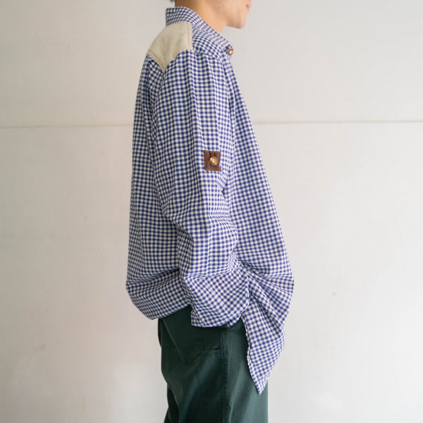 1990-00s Europe blue checked tyrolean shirt -good accent-