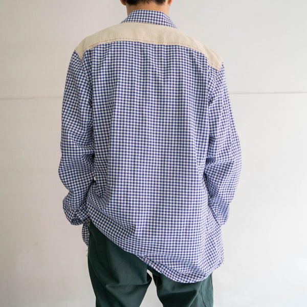 1990-00s Europe blue checked tyrolean shirt -good accent-
