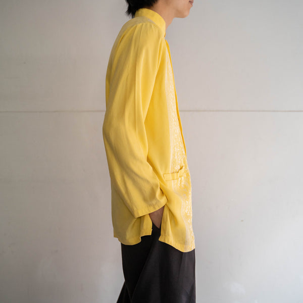 1990s yellow poly design stand collar shirt