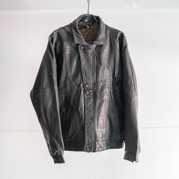 1980s Italy stand collar full zip black leather jacket