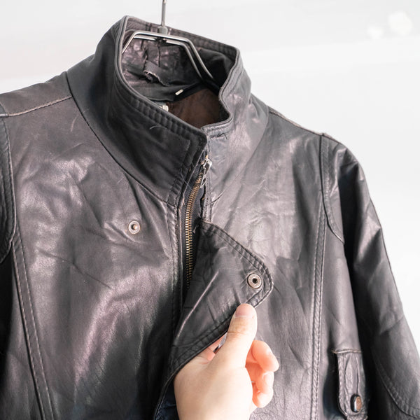 1980s Italy stand collar full zip black leather jacket