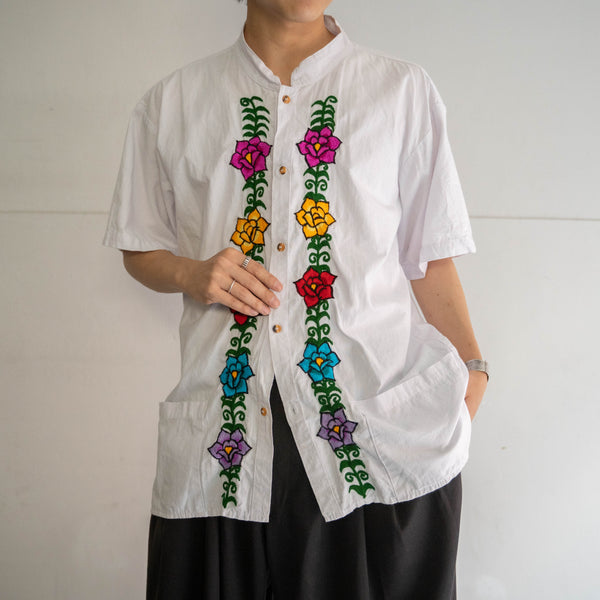1990-00s white cotton flower embroidery short sleeve shirt