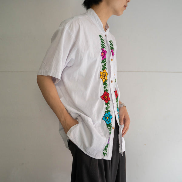 1990-00s white cotton flower embroidery short sleeve shirt