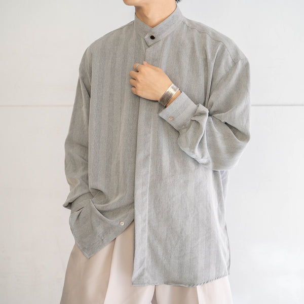 1990s light gray striped stand collar dress shirt