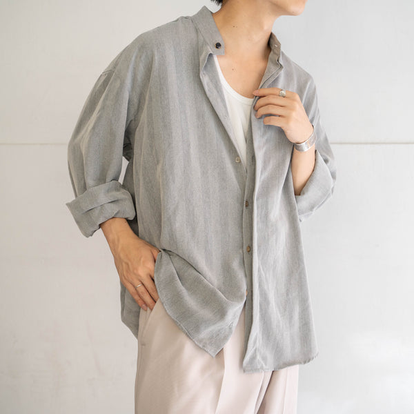 1990s light gray striped stand collar dress shirt