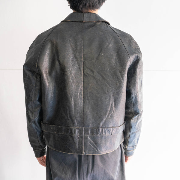 1950-60s Europe black color zip up leather jacket -good fade-