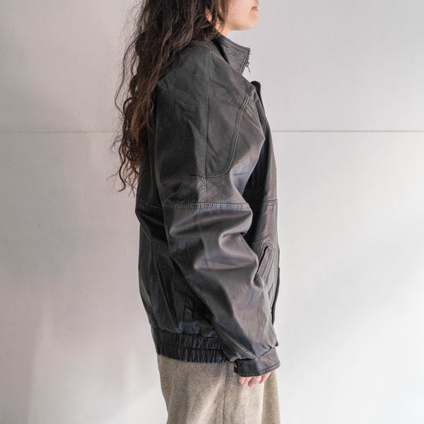 1980s Italy stand collar full zip black leather jacket