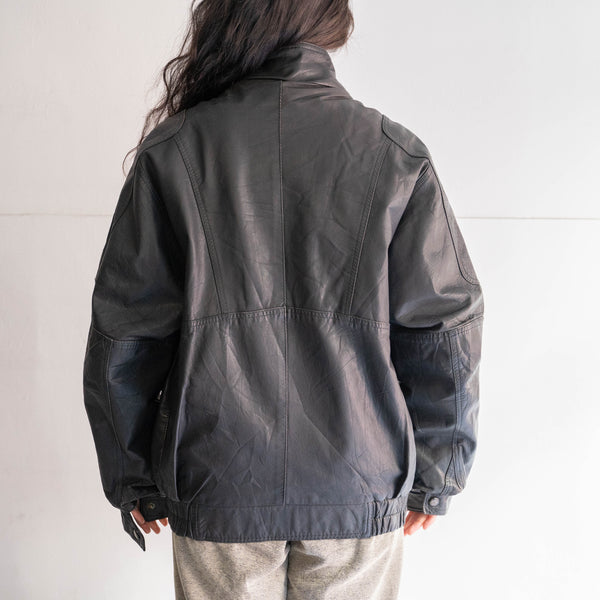 1980s Italy stand collar full zip black leather jacket