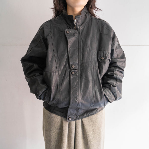 1980s Italy stand collar full zip black leather jacket