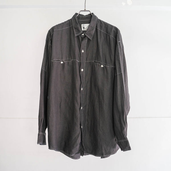 1990s GOOUCH linen 100 strange pocket shirt -black dyed-