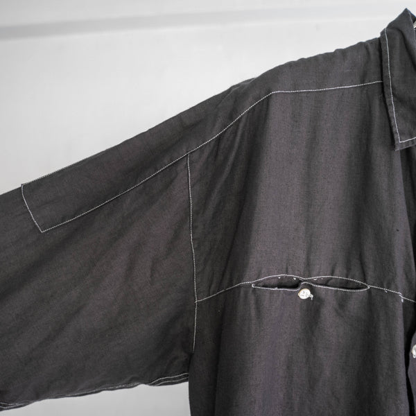 1990s GOOUCH linen 100 strange pocket shirt -black dyed-