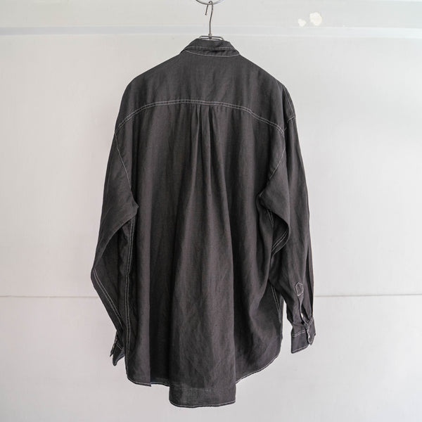 1990s GOOUCH linen 100 strange pocket shirt -black dyed-