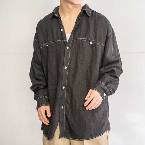 1990s GOOUCH linen 100 strange pocket shirt -black dyed-