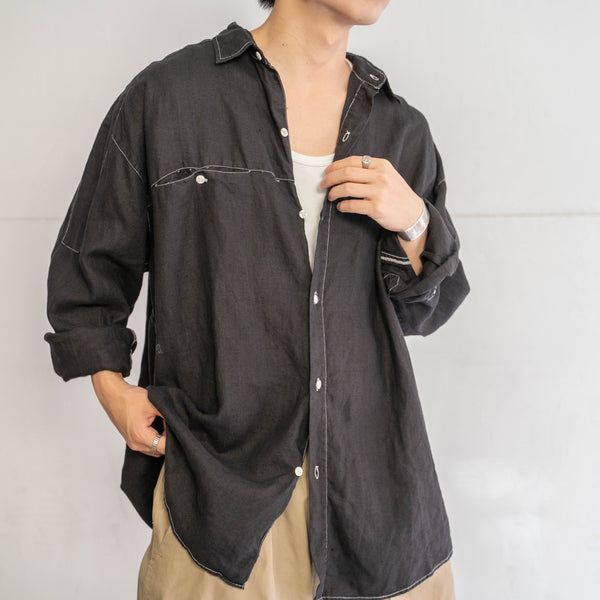 1990s GOOUCH linen 100 strange pocket shirt -black dyed-