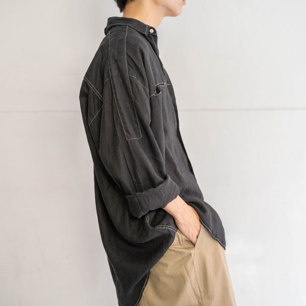 1990s GOOUCH linen 100 strange pocket shirt -black dyed-