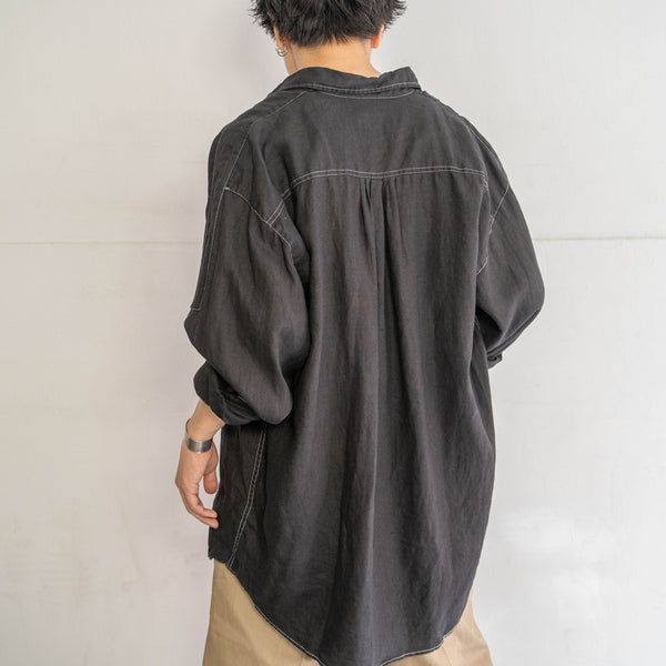 1990s GOOUCH linen 100 strange pocket shirt -black dyed-