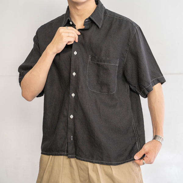 2000s linen 100 short sleeve shirt ‘black dyed’ -remake-