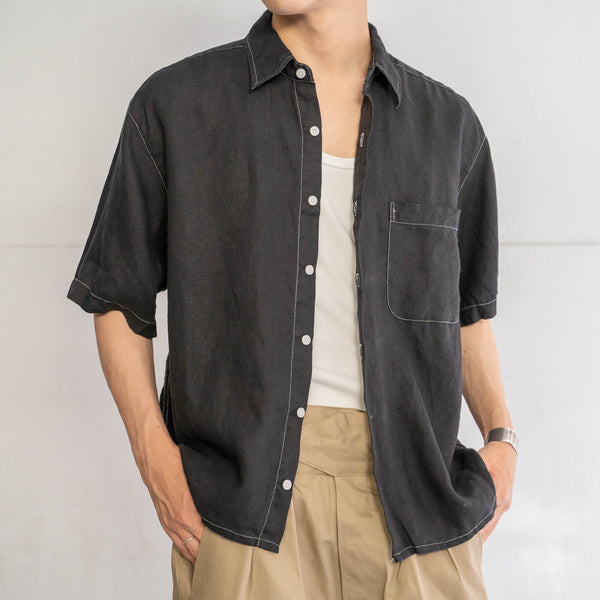 2000s linen 100 short sleeve shirt ‘black dyed’ -remake-