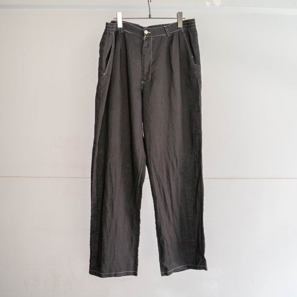 1990s black linen 2 tuck wide pants -black dyed-