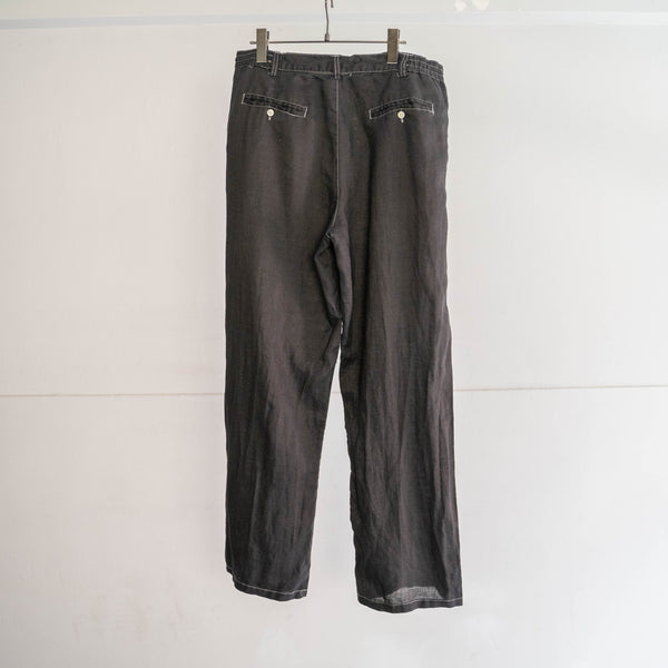 1990s black linen 2 tuck wide pants -black dyed-